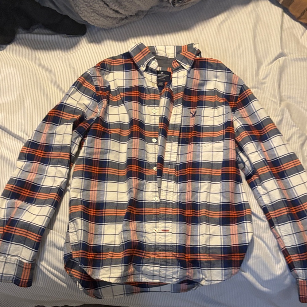 American Eagle Outfitters Men's Blue and Orange Plaid Shirt